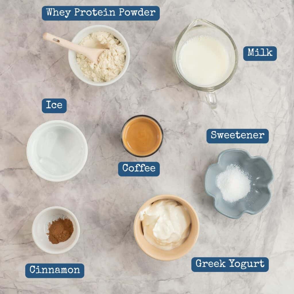 Ingredients for coffee protein shake with text overlay.