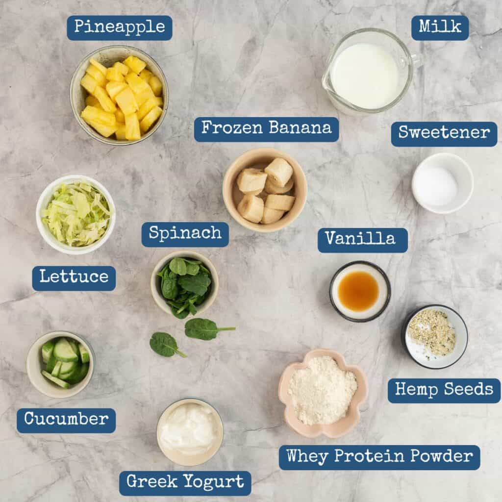 Ingredients on a benchtop with text overlay.