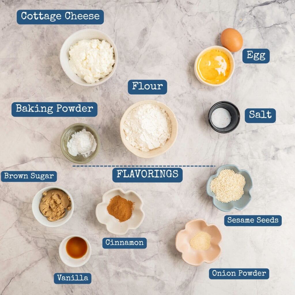 Ingredients for protein bagels on benchtop with text overlay.