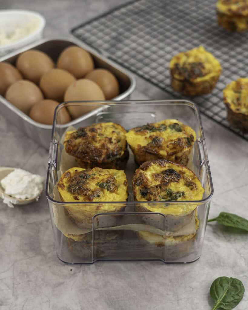 Eight egg muffins stacked in a quart container four on top of one another separated by baking paper, stingless steel container of eggs and metal baking tray in background with two egg muffins.