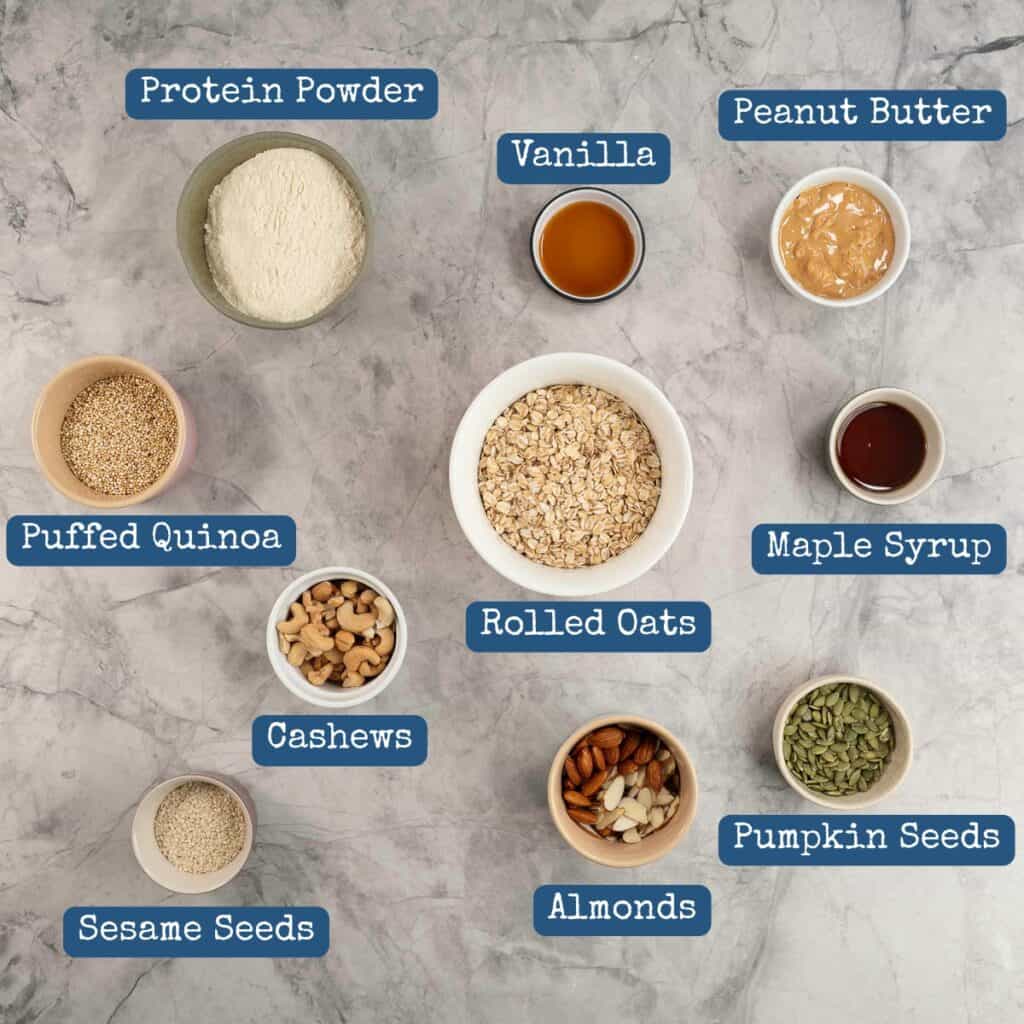 Ingredients in small ramekins on a marble bench top with text overlay.