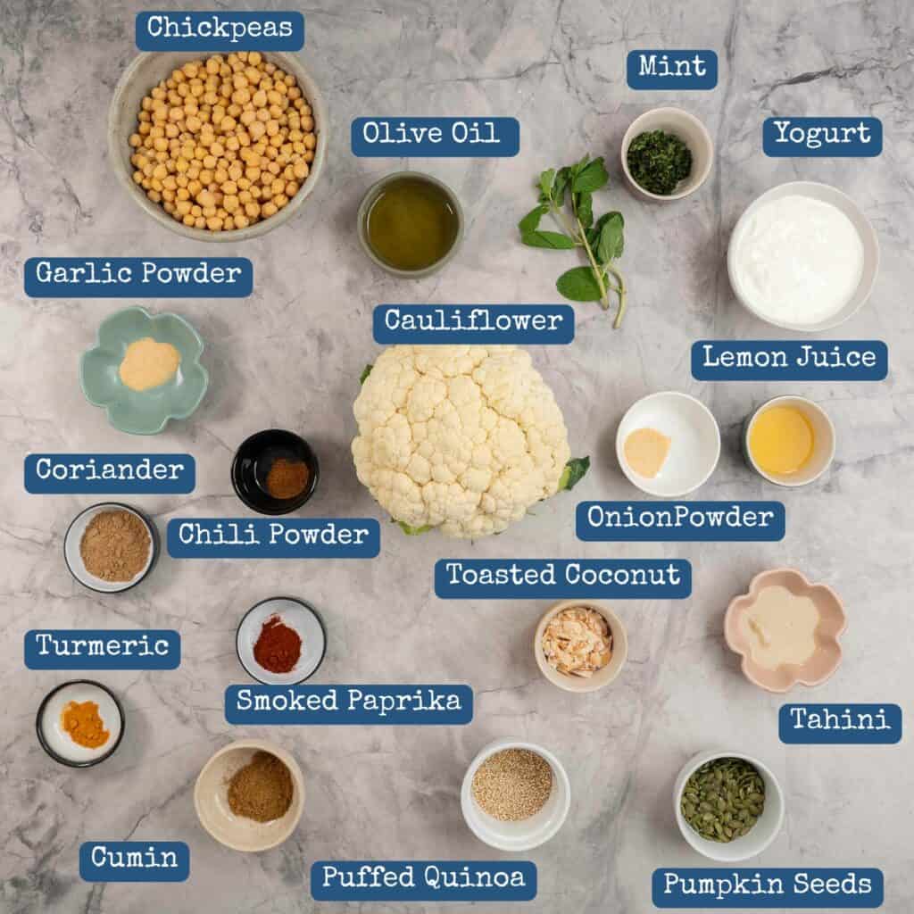 Ingredients for Cauliflower shawarma on bench top with text overlay.
