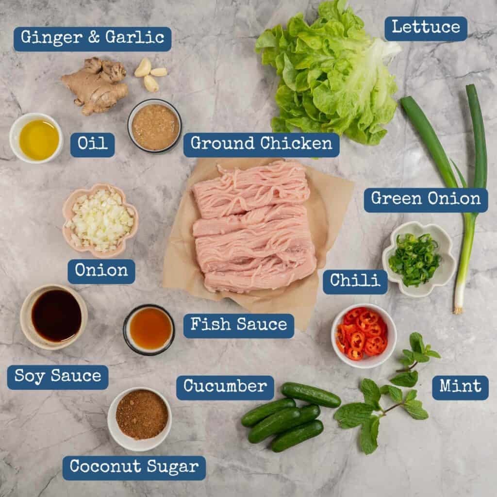 Ingredients for asian chicken lettuce wraps on benchtop with text overlay.