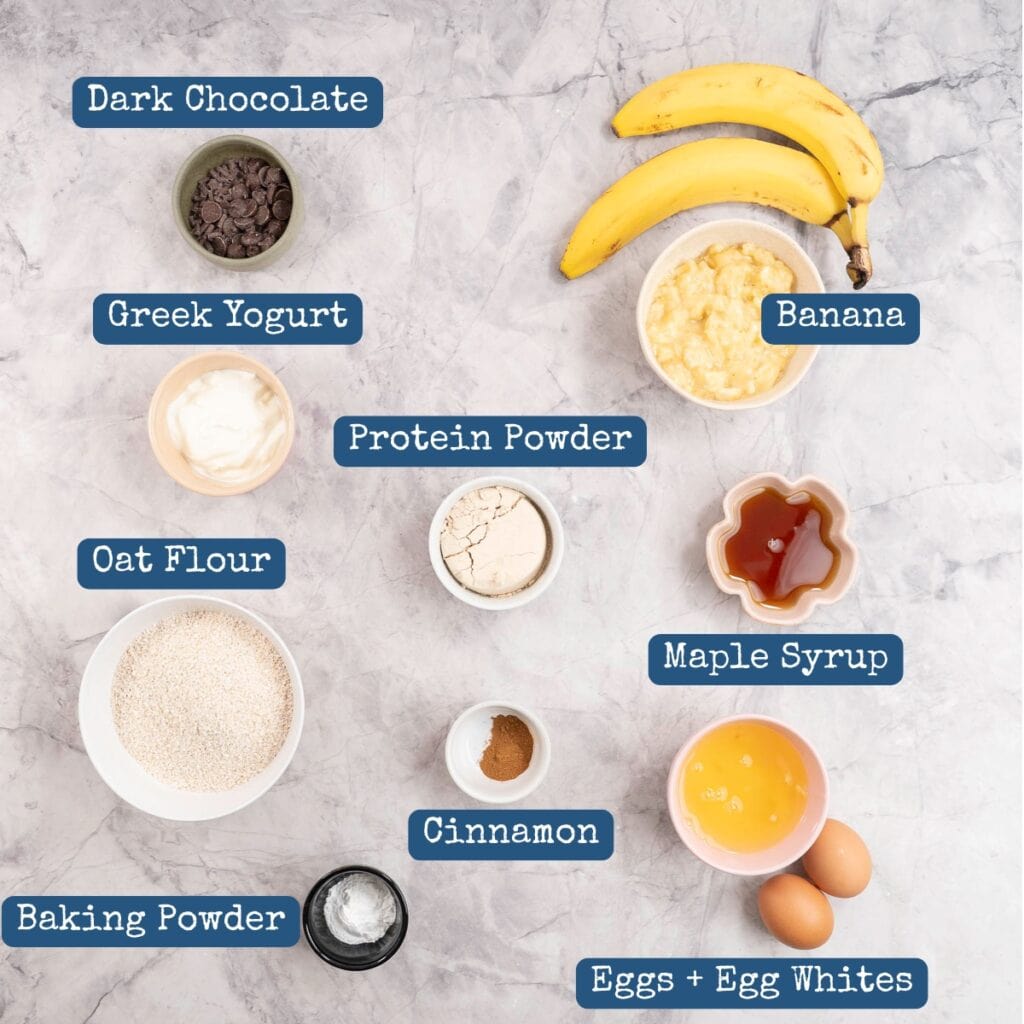 Ingredients for protein muffins on bench top with text overlay.