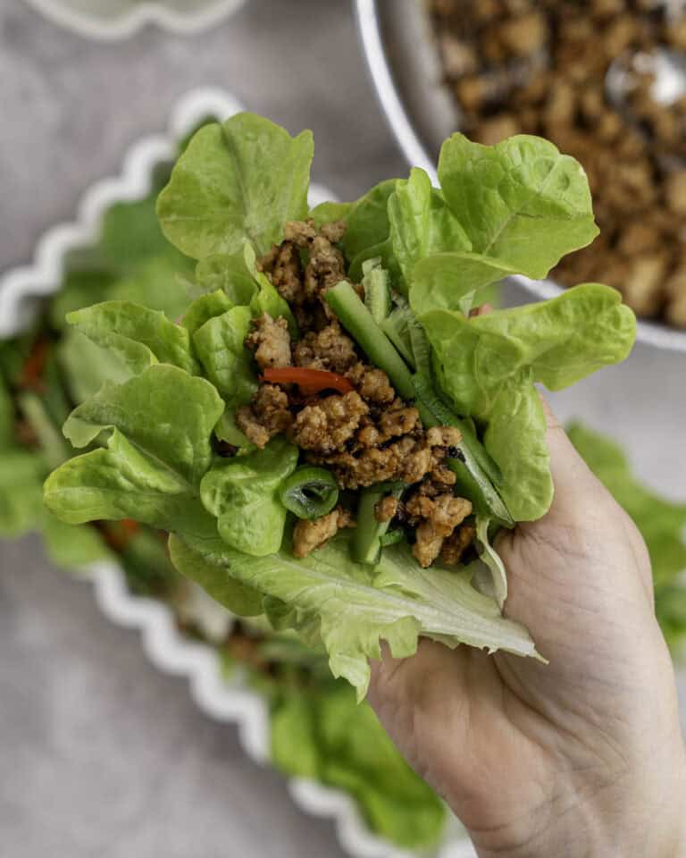 Woman's hand holding a piece of lettuce with mince, cucumber slices, spring onion and chilli slices inside.