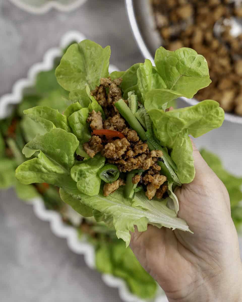 Woman's hand holding a piece of lettuce with mince, cucumber slices, spring onion and chilli slices inside.