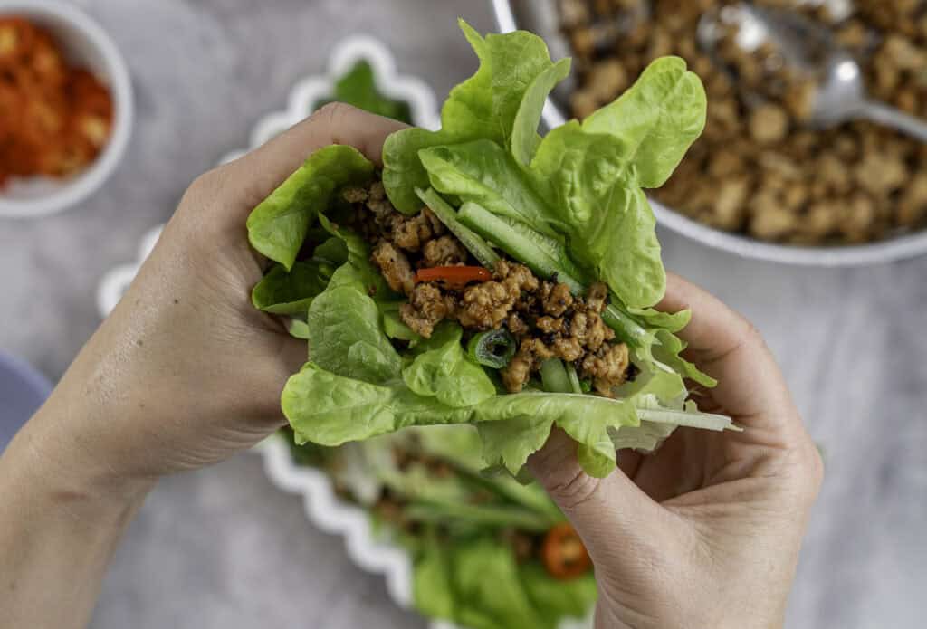 Woman's hand holding a piece of lettuce with mince, cucumber slices, spring onion and chilli slices inside.