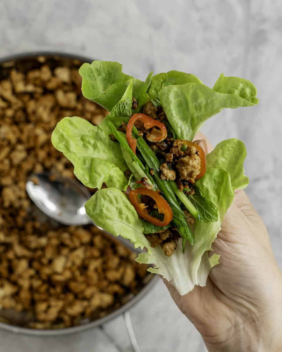 Woman's hand holding a piece of lettuce with mince, cucumber slices, spring onion and chilli slices inside.