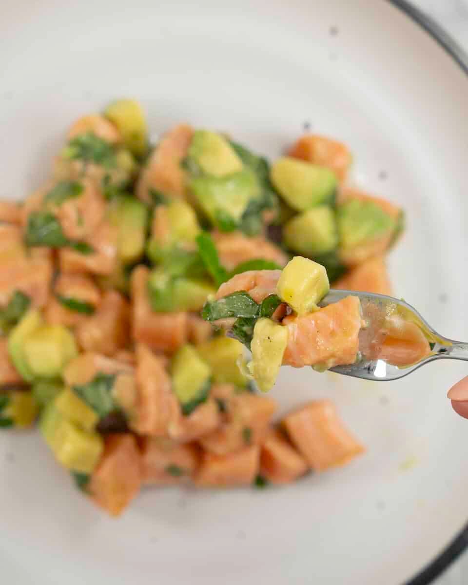 A forkful of salmon tartare above a plate of diced avocado, salmon and shredded mint leaves.